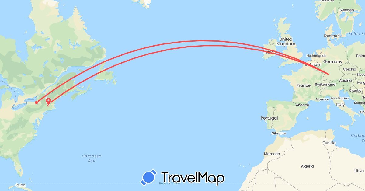 TravelMap itinerary: driving, hiking in Germany, United States (Europe, North America)